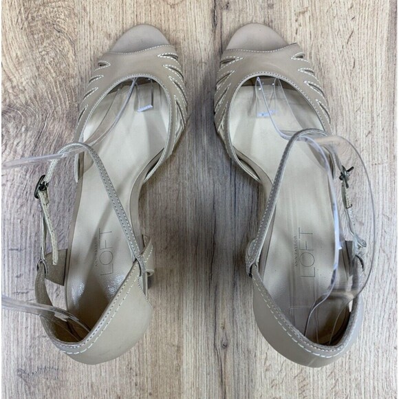 Ann Taylor LOFT Taupe-y Leather Heel Shoes Women 8.5M Tan Peep Toe Made Brazil - Picture 10 of 15